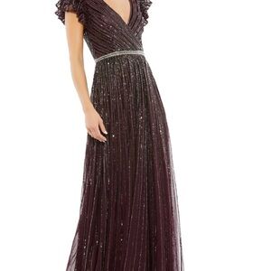 Mac Dugall SEQUINED WRAP OVER RUFFLED CAP SLEEVE GOWN 16